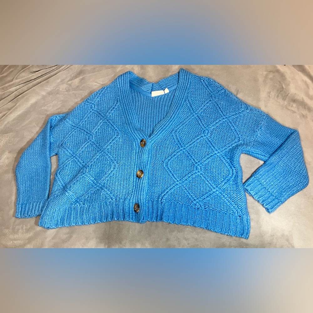 RETROD sky blue v-neck button front cable knit cardigan Size: large